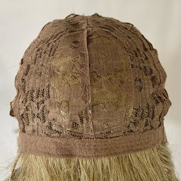 Long Ash Blonde Curling Iron Safe Fiber Wig with Bangs/Effortless Style - Picture 5 of 15